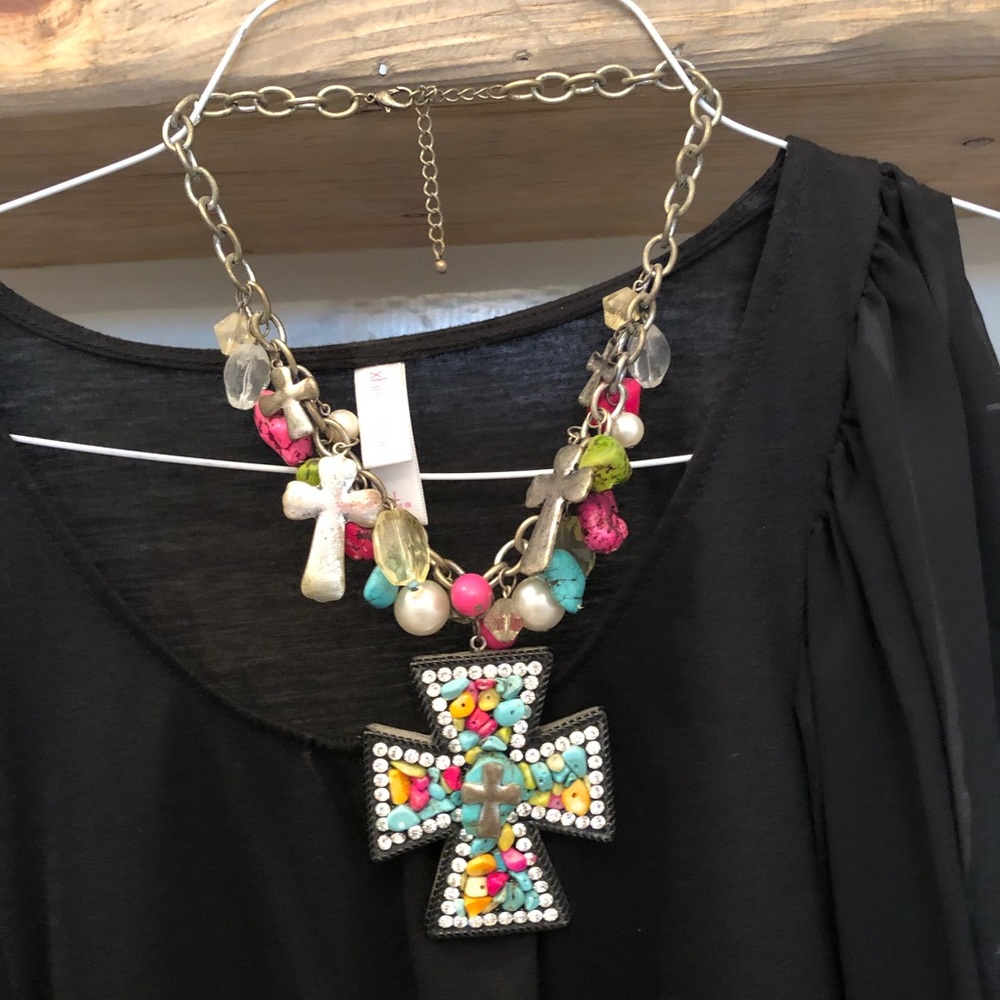 Western stone Cross statement necklace